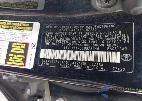 2020 Toyota Camry Se from USA, damaged, VIN 4T1G11AK5LU973546